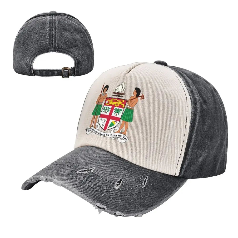 Emblem Of Fiji Color Blocking Distressed Baseball Cap Dad Hats Men Women Vintage Washed Cotton Trucker Adjustable Gift